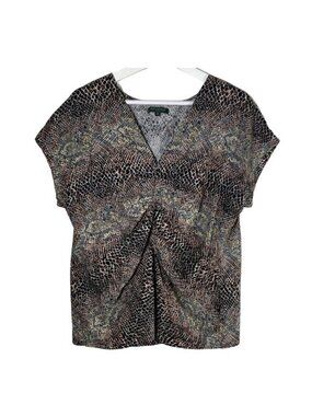 For Cynthia Women Plus Linen Blend Brown Animal Print V Neck Blouse Casual